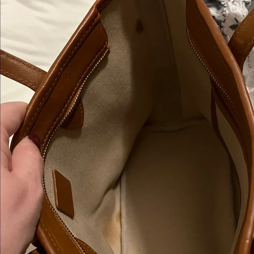 MCM Cognac Brown Visetos Small Tote with Navy and Orange Stripes